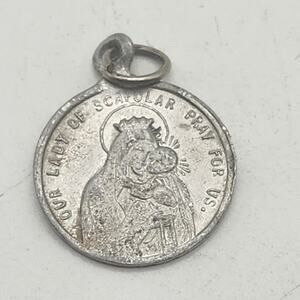Vintage Catholic Scapular Medal Sacred Heart Jesus Mt Carmel Silver Tone Pendant